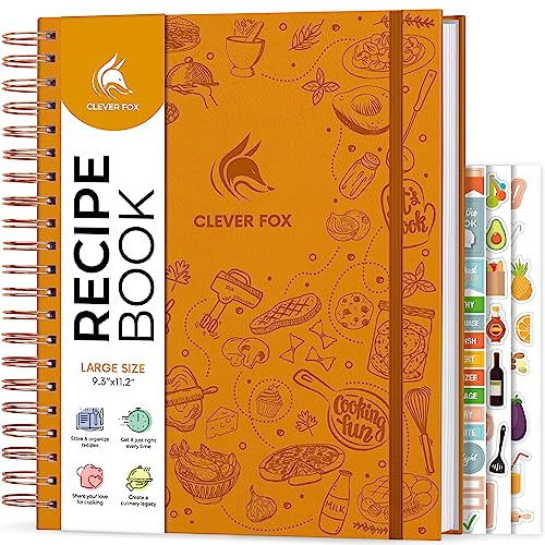 Clever Fox Recipe Book, Blank Spiral Cookbook Journal, Large Amber Yellow | 21 x 28cm empty recipe book to write in your own recipes, eco-leather hardcover, 120 gsm paper, stickers, cooking & baking
