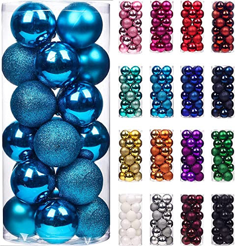 Treer 24 Stück Weihnachtskugeln Kunststoff Christbaumkugeln Set, Bruchsicher Mehrweg Christbaumschmuck zum Aufhängen, Matt Glänzend Glitzernd Weihnachtsbaum Kugeln Weihnachtsdeko (6cm,blau)