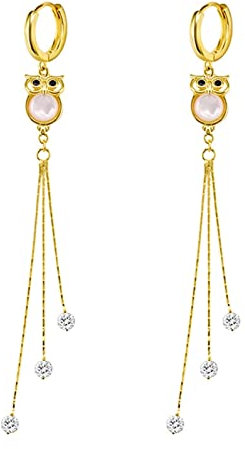 Damen Ohrringe Silber 925 Elegant, Ohrringe Hängend Damen Gold Eule mit Quaste Zirkonia Hypoallergene Ohrringe