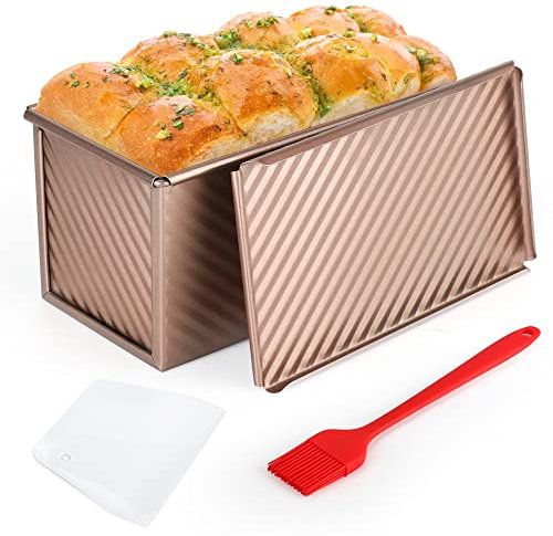 Cyimi Gold Pullman Loaf Tins with Lid Non-Stick Bread Tin Toast Mold with Cover Carbon Steel Corrugated Bread Tins 1lb 450g Dough Loaf Tin with Dough Scraper Cutter & Oil Brush (21.3x11.7x11.4cm)