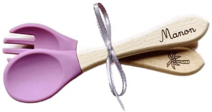 Couverts pour enfant personnalisés en bois et silicone, idée cadeau naissance, baptême, noël pour bébé