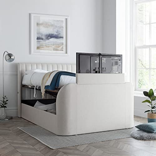 happybeds TV Bed, Luther Natural Fabric Ottoman Electric Media TV Bed, Double, King Size, Super King Size (King (U.K. Standard))