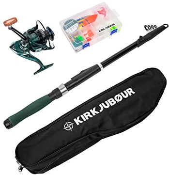 KIRKJUBØUR® Agnatha Teleskop-Angelrute Set Angelset leichte Fiberglas Rute mit Rolle und Zubehör (1,80 m)