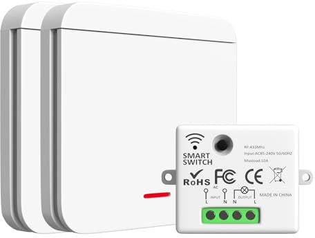 ARCELI Funk Lichtschalter, Funkschalter mit Wand Schalter, Funk Schalter und Funk-Empfänger 2200W/10A, Intelligent Switch Wifi 2.4G Funk-Wandsender, Weiß (2 Empfänger mit 1 Schalter)