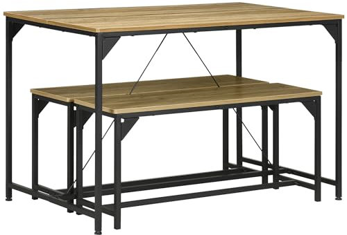 HOMCOM Ensemble Table à Manger et 2 bancs Structure Acier Table pour 4 Personnes 120 x 70 x 75 cm Banc 100 x 30 x 45 cm pour Cuisine Salle à Manger Salon Naturel et Noir