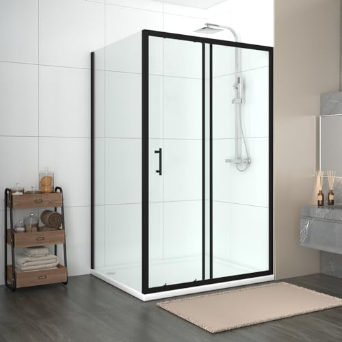 NRG 1200x760mm Sliding Shower Enclosure Black Framed Cubicle Screen Door | Safety Tempered Glass, Shower Room, with Side Panel, Waterproof, Easy to install, Durable, Wet Room, Bathroom