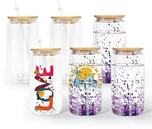 AGH life 6 Pack Sublimation Glass Cups Blanks 16oz, Transparent Double Wall Cans, Sublimation Tumblers Snow Globe Glass Beer Drinking Cups with Lid & Straw, Coffee Cup (473 ML)