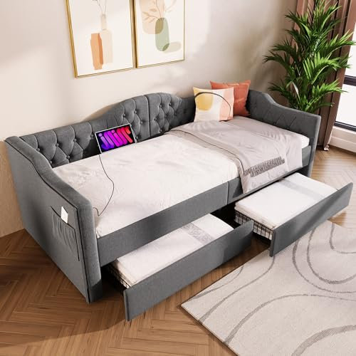 Rtopsu Polsterbett Kinderbett 90x190 cm mit USB-Type-C, Schlafsofa Tagesbett mit 2 Stauraum Schubladen, Sofabett Jugendbett Bettgestell mit Lattenrost aus Holz, Leinen, Grau, Ohne Matratze