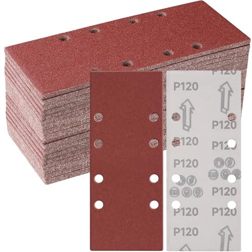 Sruhrak 93x230mm Sandpaper Set, 50 Pieces Sanding Sheets Stick and Peel Sanding Pads 120 Grits Sander Paper for Bosch Electric Sander Polishing, Rust Removal