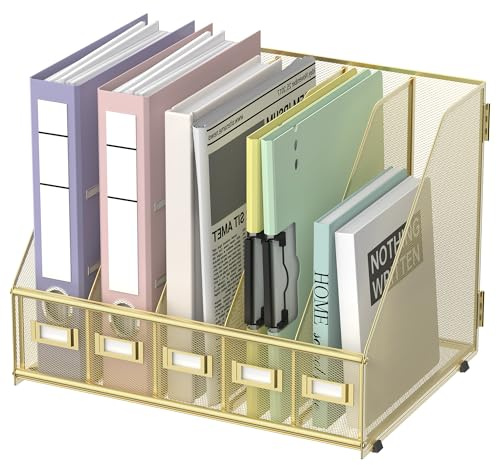 SUPEASY Schreibtisch-Organizer aus Metall, Zeitschriftenständer mit 5 vertikalen Fächern, Organizer für Büro, Schreibtisch, Heimarbeitsplatz, Gold (Gold Plus)