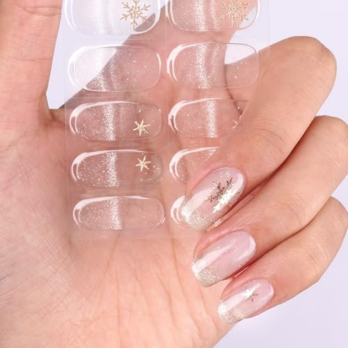 DANNI & TONI Halb ausgehärtete Gel Nagelfolien (Golden Frost) Durchsichtiges Schneeflocken-Katzenauge Glänzend Nagelset uv Gel Nagelfolie Nageldesign Nagelfolie Selbstklebend Wraps 28 Aufkleber