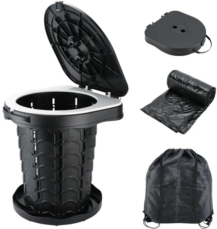 Portable Folding Toilet, Camping Toilet Collapsible Stool with Lid and Trash Bags, Adjustable Foldable Travel Toilet, Retractable Portable Toilet for Campervan, Hiking, Picnic, Fishing, Load 397lbs