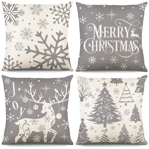KIKISML 4 Stück Weihnachtskissenbezug 45x45 cm, Kissenbezug Weihnachten Set, Weihnachtskissen Zierkissenbezüge, Weihnachtsdeko Kissenbezug für Wohnzimmer Schlafzimmer (Grau)