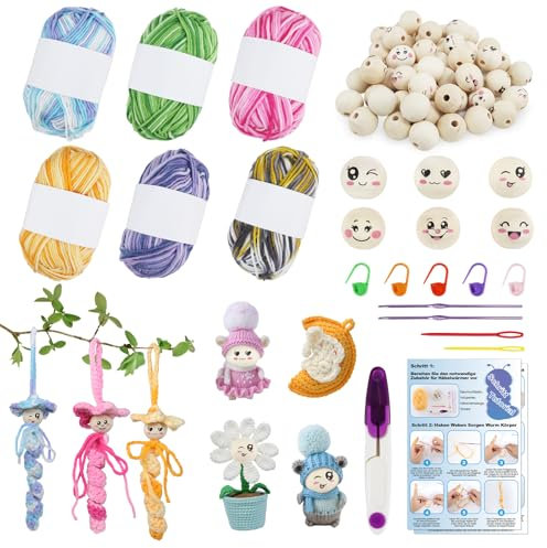 NAMIS Sorgenwürmchen Häkeln Sets,Glückswürmchen Häkel Set mit Anleitung,60 Holzkugeln mit Gesicht 20mm,6x50g Häkelgarn Bunt,Sorgenwürmchen Glückswürmchens Zubehör Set,Häkelsets für Anfänger Kinder