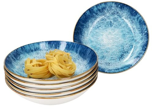 MamboCat Marina 6er Set Suppenteller I 450ml I blaue Porzellan-Teller maritimem Design für 6 Personen I Ozean-Dekor, Gischt I tiefe Teller für Salat, Suppe, Müsli, Pasta & Co.
