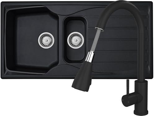 Liquida CMP15BL 1.5 Bowl Reversible Black Kitchen Sink and Pull Out KPO11MB Tap