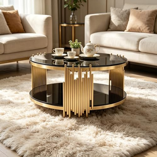 FammyLoft Couchtisch mit Zweistufiges Speicherdesign, Modern Rundglas CoffeeTable mit Gold Edelstahl Rahmen, Kaffeetisch mit Gehärtetes Glas Konstruktion, Center für Wohnzimmer/Balkon/Schlafzimmer
