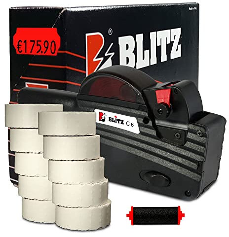 Preisauszeichner Set Blitz C6 inkl. 10 Rollen 26x12 Preisetiketten - leucht-rot permanent + 1 Farbrolle | Preisauszeichnungsgerät | HUTNER