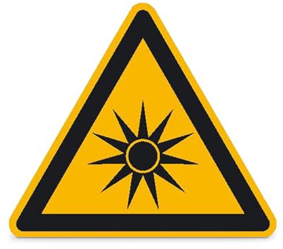 Betriebsausstattung24® Warnschild auf Bogen Warnung vor optischer Strahlung 44 Stk/Bogen Gröߟe Einzeletikett (SL): 2,5 cm PVC-Folie, selbstklebend