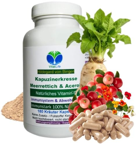 Immunstark für IMMUNSYSTEM & ABWEHRKRÄFTE nach Hildegard von Bingen. 180 Pulver Kapseln - KAPUZINERKRESSE + MEERRETTICH + ACEROLA VITAMIN-C. NATUR pur - ohne ZUSATZSTOFFE. 26665-180