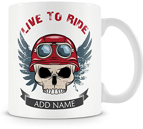 Biker Mug - Live to Ride Motorcycle Helmet Skull Design - Personalised Motorbike Cup