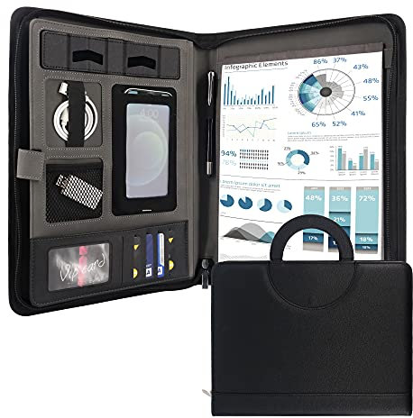 GraduationMall Schreibmappe A4 mit Klemmbrett - Schwarz Portfolio Padfolio mit verstecktem Griff - Reißverschluss + PU Leder - Dokumentenmappe für Unternehmen