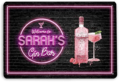 Personalised Bar Sign - Pink Neon effect Gin Bottle Cocktail Bar Sign A4 metal bar sign