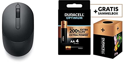 Dell Mobile Wireless Mouse MS3320 Black, MS3320W-BLK (Black) + Duracell NEW Optimum AA Alkaline Batteries [Pack of 4] 1.5 V LR6 MX1500
