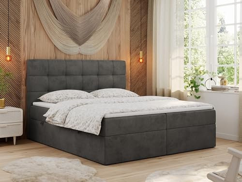 MKS MEBLE Boxspringbett mit Matratze, Bett mit Multipocket - Matratze und Topper T25, Polsterbett mit Bettkasten und Kopfteil, ERNI (160x200 cm, H4 Dunkelgrau, Velvet)