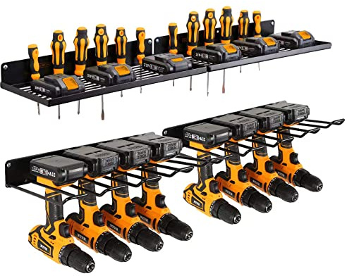 UU-Major ZLQ METAL Power Tool Organizer With Charging Station, Drill Holder, Garage Storage Shelves, Heavy Duty Pegboard Wall Organizer Set, Solid Metal Black (2 Pack 4 Set)