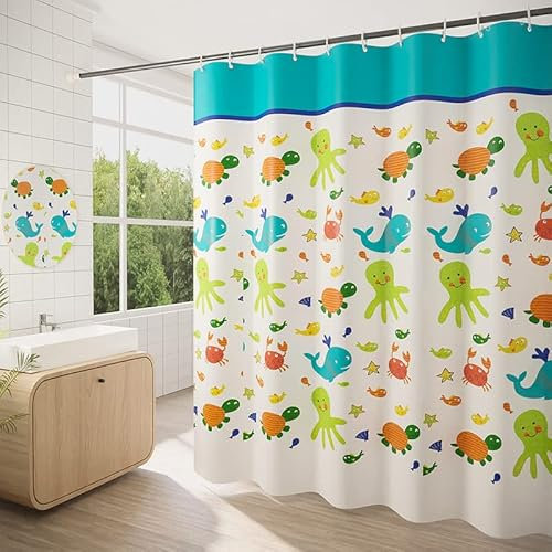 GONOVE Duschvorhang für Badezimmer 280 x 200 cm Schimmelresistent Dicke Polyester Stoff Cartoon Tiere Duschvorhang Liner Wasserdichter langer Badevorhang mit Haken, waschbar und gewogen Saum