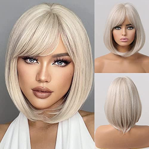 EMMOR Creamy Weiß Perücken Kurze Bob Perücken charmante frauen Perücken mit Pony Synthetic Hitzebeständig 12 Zoll Cosplay Perücken