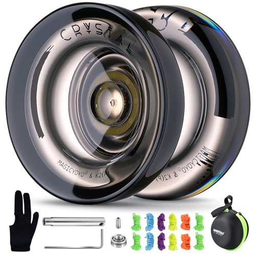 MAGICYOYO K2 Crystal Black Yoyo Professional, Responsive Yoyo for Kids Beginners with Extra Unresponsive Yo Yo Bearing, Pro Plastic Trick Yo Yo for Adults+12 Stings+Bearing Removal Tool+Storage Bag