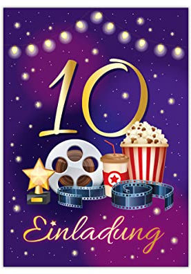 12 Einladungskarten zum 10. Kindergeburtstag Kino zehnte Geburtstag Mädchen Jungen Cinema Kino-Party