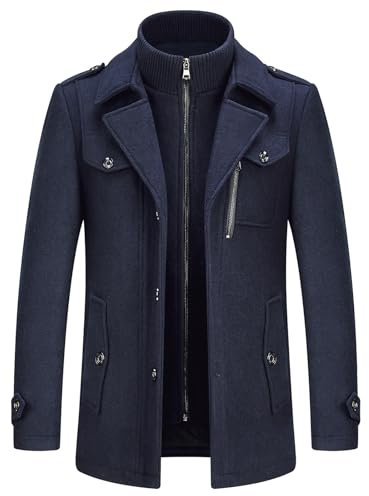 KUDORO Manteau Homme en Laine Chaud pour Hiver Trench Coat Mi-Long Classique Parka Pardessus Caban Slim Fit Élégant Business Décontractée Duffle-Coats Coup-Vent Revers Overcoat(Bleu Marin,XL)