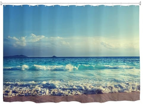 goodbath Extra breiter Duschvorhang, 300 x 180 cm, Ozean, Strand, Meer, Wellen, blauer Himmel, wasserdicht, schimmelresistent, Stoff, beschwert, Duschvorhänge für Badezimmer, Nassraum, Blau, Weiß,
