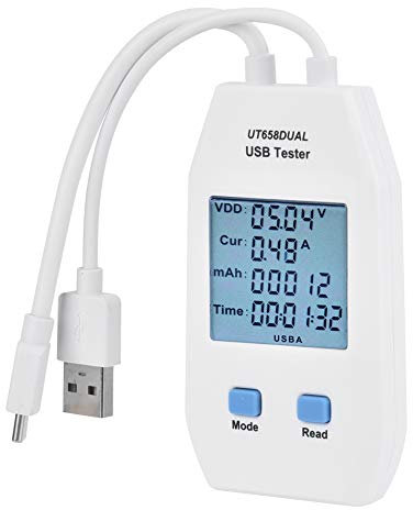 USB Power Meter Tester, Multimeter LCD USB Voltage and Current Tester Detector Digital Voltmeter Ammeter Power Bank Capacity Tester (UT658 Dual)