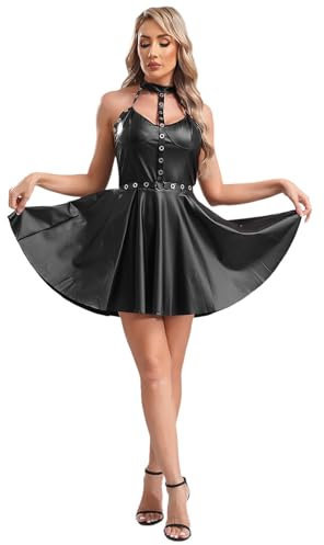 Agoky Damen Wetlook Lack Leder Kleid Vollbrust Corsagenkleid Korsett Partykleid A-Linie Knielang Punk Rock Gothic Kostüm Clubwear S-XXL Schwarz C L