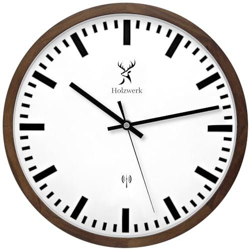 Holzwerk Germany Natural Radio-Controlled Wall Clock Wooden Clock Retro Vintage Radio Controlled Clock Silent Movement without Ticking Noises Brown White Silent Made of Handmade Solid Wood Natural