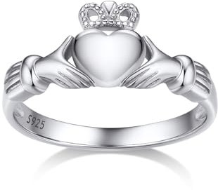 Bestyle Herzring Damen, Irische Claddagh Fingerring, Hände Krone Liebesring, Keltischer Schmuck Accessoire, Herzschliff, 925 Sterling Silber, Weißgold, Ringgröße 60