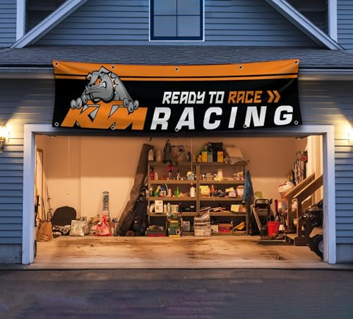RamFlag Banner kompatibel mit KTM Racing Flagge, 6 x 2,4 m, bereit zum Rennen, Auto, Show, Männerhöhle, Garage, Wanddekoration, großes Schild für drinnen und draußen