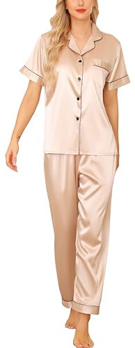 Vlazom Womens Silk Pyjamas, Soft Satin Short Sleeve Top & Long Pant Pyjamas Set Button Down Pj Sets Loungewear for All Seasons, A-Champagne,M
