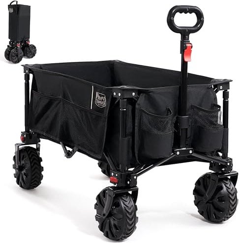 TIMBER RIDGE XXL Bollerwagen Faltbar Breite Reifen Transportwagen mit Seitentasche Getränkehalter Verstellbarem Griff, Gartenwagen für Alle Gelände, Draussen Camping Einkaufen, 100kg Belastbarkeit