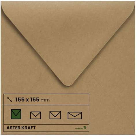 Netuno 25 quadratische Umschläge Kraftpapier Naturbraun 155 x 155 mm 100g Aster Kraft edle Briefumschläge quadratisch für Einladungskarten Geburtstagskarten Weihnachtskarten Briefkuverts Natur