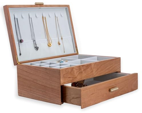 IRIVER BLANK Kirschholz-Schmuckschatulle-Organizer für Frauen, Rustikales Holz mit Ringuhrfach für Halskette Ohrringe Armbänder Ringe, Vintage-Stil (Doppel Schicht)
