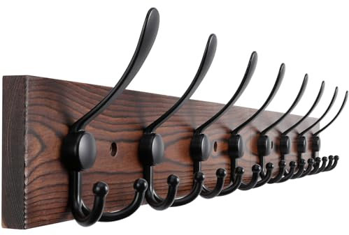 Kuhome Grand porte-manteau mural de 81,3 cm avec 8 crochets en métal noir - Pin marron véritable - Porte-manteau pour accrocher manteau, chapeau, veste