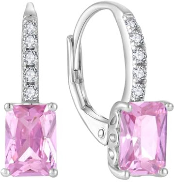 FJ Prinzessschliff Hängend Ohrringe Damen 925 Sterling Silber Quadrat Solitaire Ohrringe Rosa Turmalin Oktober Geburtsstein Schmuck Geschenke für Frauen