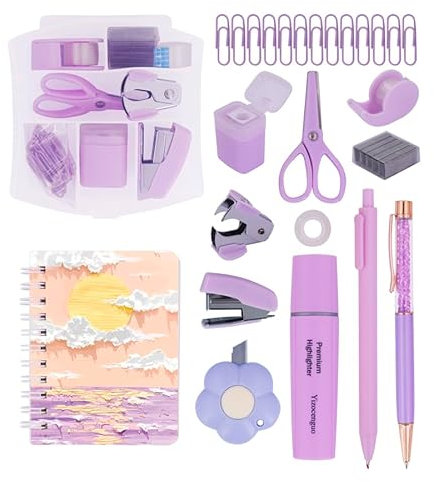 Mini Tacker Kit Bürozubehör Kits – Enthält Mini Stacker, Schere, Heftferner, Heftklammern, Bandspender… (Purple Set)