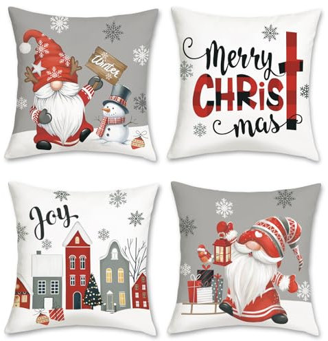 Bonhause 4er Set Kissenbezüge Weihnachten Grau 45 x 45 cm GNOME Schneeflocken Schneemann Dekorative Kissenhülle Zierkissenbezüge für Sofa Schlafzimmer Zuhause Winter Dekoration