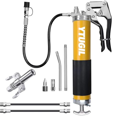 Schmierpresse 8000 PSI –Einhand Fettpresse,Einhandfettpresse für SchmiernippelHochdruck, Fettpresse mit Schlauch, Schnellkupplung, Nadelspitze – Fettpresse für 400cc Kartuschen
